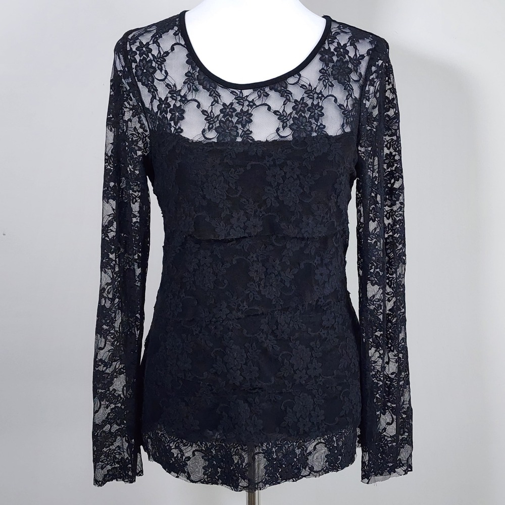 Contemporaine Lace Top Medium Black Long Sleeve Tiered Sheer Goth Whimsigoth Y2K